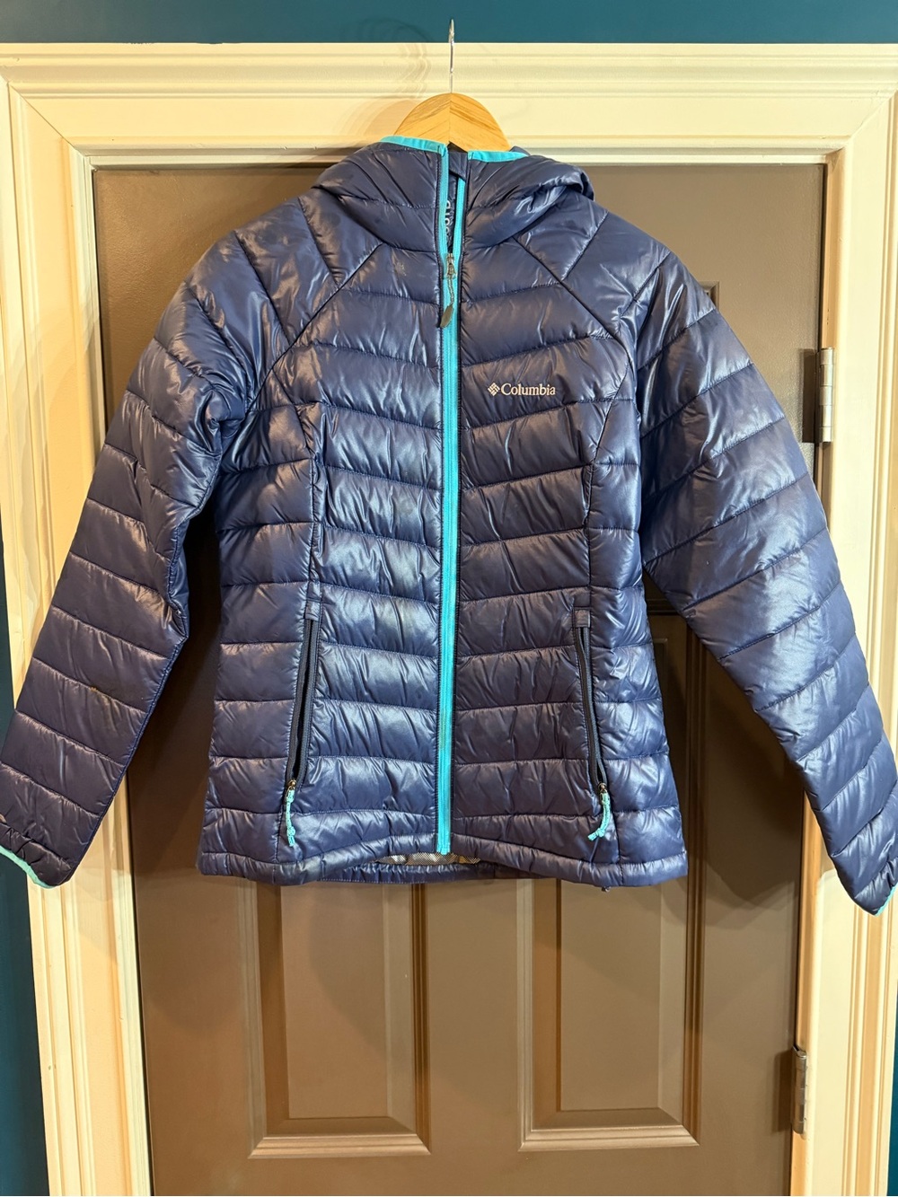 Columbia Navy Puffer Jacket with Aqua Trim - Hooded Coat